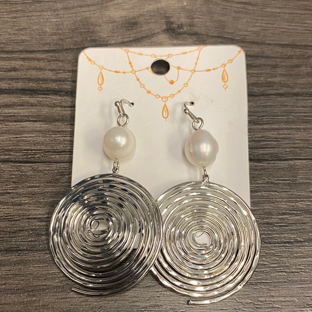 Silver Swirl Earrings with Pearl Accent